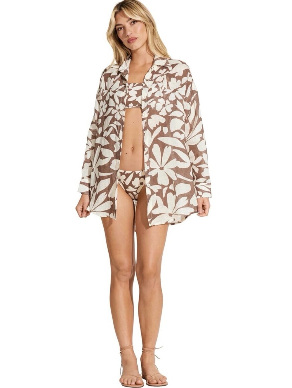 Vitamin A Playa Linen Boyfriend Shirt Swimsuit Cover Up Size S Desert Flower